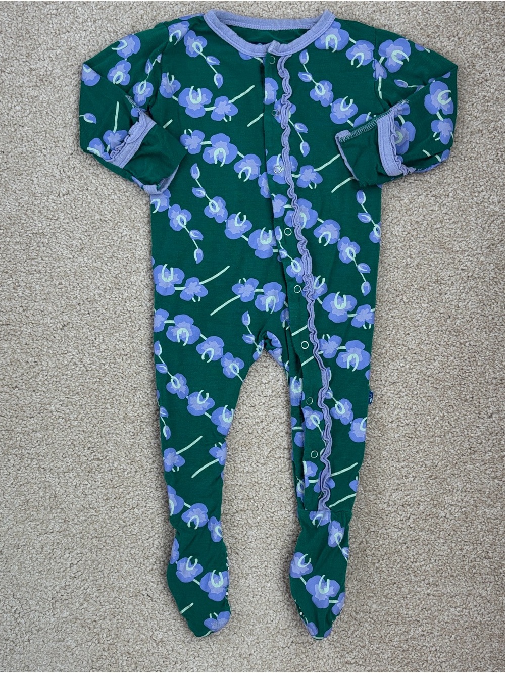 Kickee Pants green & purple orchid floral bamboo footie sleeper with ruffled zip